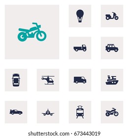 Set Of 12 Transport Icons Set.Collection Of Streetcar, Lorry, Airship And Other Elements.