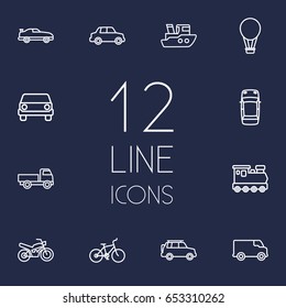 Set Of 12 Transport Outline Icons Set.Collection Of Van, Motorcycle, Suv And Other Elements.