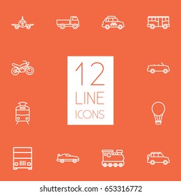 Set Of 12 Transport Outline Icons Set.Collection Of Taxi, Bus, Tram And Other Elements.