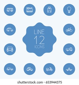 Set Of 12 Transport Outline Icons Set.Collection Of Truck, Tram, Coupe And Other Elements.