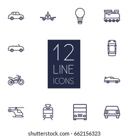 Set Of 12 Transport Outline Icons Set.Collection Of Cabriolet, Helicopter, Car And Other Elements.