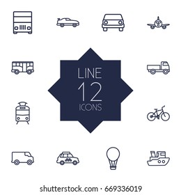 Set Of 12 Transport Outline Icons Set.Collection Of Bike, Air Balloon, Coupe And Other Elements.