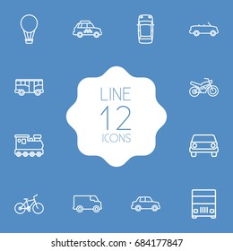 Set Of 12 Transport Outline Icons Set.Collection Of Taxi, Car, Lorry And Other Elements.