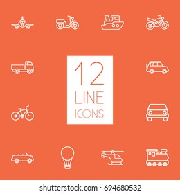 Set Of 12 Transport Outline Icons Set.Collection Of Ship, Front View, Helicopter And Other Elements.
