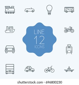 Set Of 12 Transport Outline Icons Set.Collection Of Air Balloon, Tram, Bike And Other Elements.