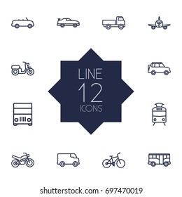Set Of 12 Transport Outline Icons Set.Collection Of Tram, Motorcycle, Cabriolet And Other Elements.