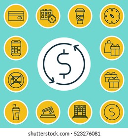 Set Of 12 Transportation Icons. Can Be Used For Web, Mobile, UI And Infographic Design. Includes Elements Such As Appointment, Device, Calculator And More.
