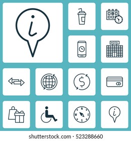 Set Of 12 Transportation Icons. Can Be Used For Web, Mobile, UI And Infographic Design. Includes Elements Such As Info, Disabled, Drink And More.
