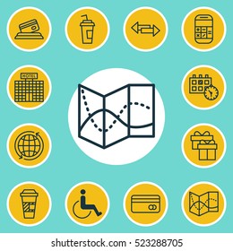 Set Of 12 Transportation Icons. Can Be Used For Web, Mobile, UI And Infographic Design. Includes Elements Such As Gift, Appointment, Hotel And More.