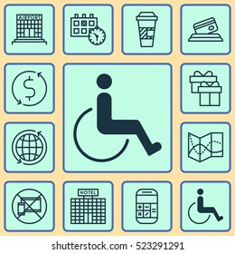 Set Of 12 Transportation Icons. Can Be Used For Web, Mobile, UI And Infographic Design. Includes Elements Such As Takeaway, Paralyzed, Transfer And More.