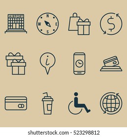 Set Of 12 Transportation Icons. Can Be Used For Web, Mobile, UI And Infographic Design. Includes Elements Such As Shopping, Building, Transfer And More.