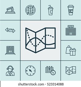 Set Of 12 Transportation Icons. Can Be Used For Web, Mobile, UI And Infographic Design. Includes Elements Such As Payment, Coffee, Road And More.