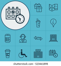 Set Of 12 Transportation Icons. Can Be Used For Web, Mobile, UI And Infographic Design. Includes Elements Such As Crossroad, Present, Date And More.