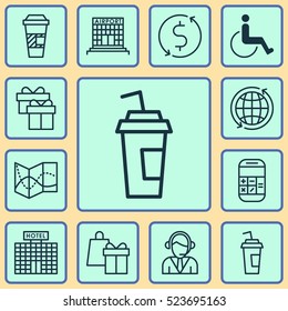 Set Of 12 Transportation Icons. Can Be Used For Web, Mobile, UI And Infographic Design. Includes Elements Such As Gift, Around, Hotel And More.
