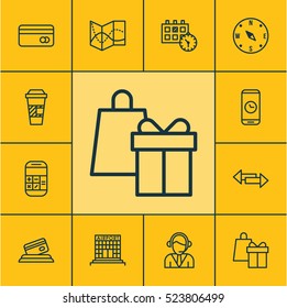 Set Of 12 Transportation Icons. Can Be Used For Web, Mobile, UI And Infographic Design. Includes Elements Such As Airport, Credit, Mobile And More.