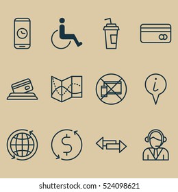 Set Of 12 Transportation Icons. Can Be Used For Web, Mobile, UI And Infographic Design. Includes Elements Such As Map, Device, Globe And More.