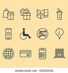 Set Of 12 Transportation Icons. Can Be Used For Web, Mobile, UI And Infographic Design. Includes Elements Such As Paper, Shopping, Gift And More.