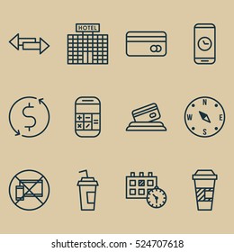 Set Of 12 Transportation Icons. Can Be Used For Web, Mobile, UI And Infographic Design. Includes Elements Such As Device, Locate, Dollar And More.