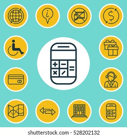 Set Of 12 Transportation Icons. Can Be Used For Web, Mobile, UI And Infographic Design. Includes Elements Such As Forbidden Mobile, Road Map, Airfield Manufacture And More.