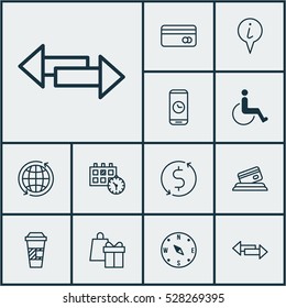 Set Of 12 Transportation Icons. Can Be Used For Web, Mobile, UI And Infographic Design. Includes Elements Such As Crossroad, Call Duration, Shopping And More.