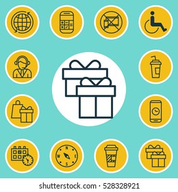 Set Of 12 Transportation Icons. Can Be Used For Web, Mobile, UI And Infographic Design. Includes Elements Such As Shopping, Takeaway Coffee, Calculation And More.