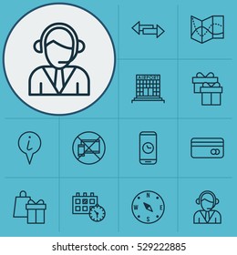 Set Of 12 Transportation Icons. Can Be Used For Web, Mobile, UI And Infographic Design. Includes Elements Such As Present, Forbidden Mobile, Info Pointer And More.