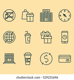 Set Of 12 Transportation Icons. Can Be Used For Web, Mobile, UI And Infographic Design. Includes Elements Such As Drink Cup, World, Plastic Card And More.