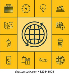 Set Of 12 Transportation Icons. Can Be Used For Web, Mobile, UI And Infographic Design. Includes Elements Such As Drink Cup, Road Map, World And More.