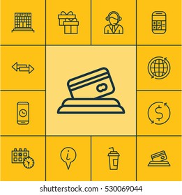 Set Of 12 Transportation Icons. Can Be Used For Web, Mobile, UI And Infographic Design. Includes Elements Such As Present, Crossroad, Money Trasnfer And More.