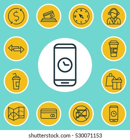Set Of 12 Transportation Icons. Can Be Used For Web, Mobile, UI And Infographic Design. Includes Elements Such As Shopping, Call Duration, Crossroad And More.