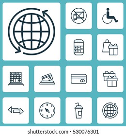 Set Of 12 Transportation Icons. Can Be Used For Web, Mobile, UI And Infographic Design. Includes Elements Such As Crossroad, Drink Cup, World And More.