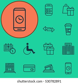 Set Of 12 Transportation Icons. Can Be Used For Web, Mobile, UI And Infographic Design. Includes Elements Such As Crossroad, Shopping, Call Duration And More.