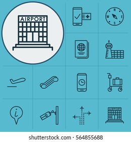 Set Of 12 Transportation Icons. Includes Locate, Phone Reservation, Airliner Takeoff And Other Symbols. Beautiful Design Elements.