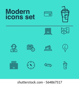Set Of 12 Transportation Icons. Includes Credit Card, Airfield Manufacture, Operator And Other Symbols. Beautiful Design Elements.