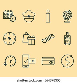 Set Of 12 Transportation Icons. Includes Luggage, Shopping, Information And Other Symbols. Beautiful Design Elements.