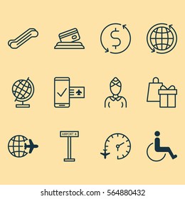 Set Of 12 Transportation Icons. Includes Stair Lift, Shopping, World Sphere And Other Symbols. Beautiful Design Elements.