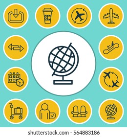 Set Of 12 Transportation Icons. Includes Appointment, Airliner, Suitcase Pushcart And Other Symbols. Beautiful Design Elements.