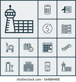 Set Of 12 Transportation Icons. Includes Timetable, Airport Building, Money Trasnfer And Other Symbols. Beautiful Design Elements.