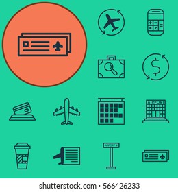 Set Of 12 Transportation Icons. Includes Timetable, Credit Card, Airport Card And Other Symbols. Beautiful Design Elements.
