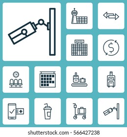 Set Of 12 Transportation Icons. Includes Departure Information, Phone Reservation, Video Surveillance And Other Symbols. Beautiful Design Elements.