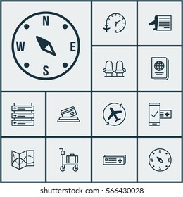 Set Of 12 Transportation Icons. Includes Suitcase Pushcart, Locate, Identification Document And Other Symbols. Beautiful Design Elements.