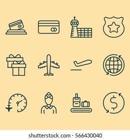 Set Of 12 Transportation Icons. Includes Money Trasnfer, Airport Building, Present And Other Symbols. Beautiful Design Elements.