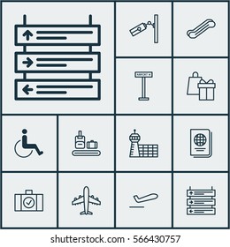 Set Of 12 Transportation Icons. Includes Airliner, Accessibility, Airliner Takeoff And Other Symbols. Beautiful Design Elements.
