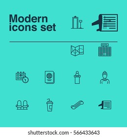 Set Of 12 Transportation Icons. Includes Drink Cup, Timetable, Security Scanner And Other Symbols. Beautiful Design Elements.