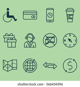 Set Of 12 Transportation Icons. Includes Call Duration, World, Road Map And Other Symbols. Beautiful Design Elements.