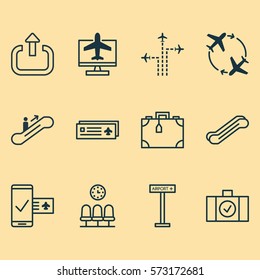 Set Of 12 Transportation Icons. Includes Moving Staircase, Internet Ticket, Phone Reservation And Other Symbols. Beautiful Design Elements.