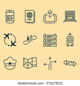 Set Of 12 Transportation Icons. Includes Identification Document, Fly Around, Airfield Manufacture And Other Symbols. Beautiful Design Elements.