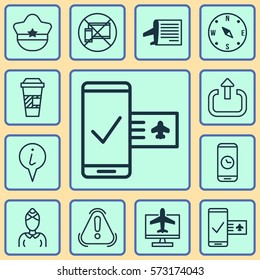 Set Of 12 Transportation Icons. Includes Phone Reservation, Exit, Call Duration And Other Symbols. Beautiful Design Elements.