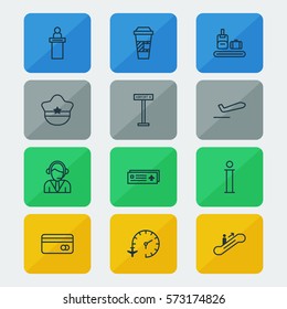Set Of 12 Transportation Icons. Includes Information, Briefcase Scanner, Registration Service And Other Symbols. Beautiful Design Elements.