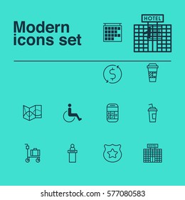 Set Of 12 Transportation Icons. Includes Timetable, Calculation, Resort Development And Other Symbols. Beautiful Design Elements.